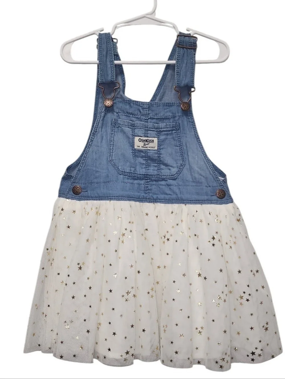 OshKosh B'gosh 3T Denim Overall Dress Gold Star Tulle Skirt Toddler Girl